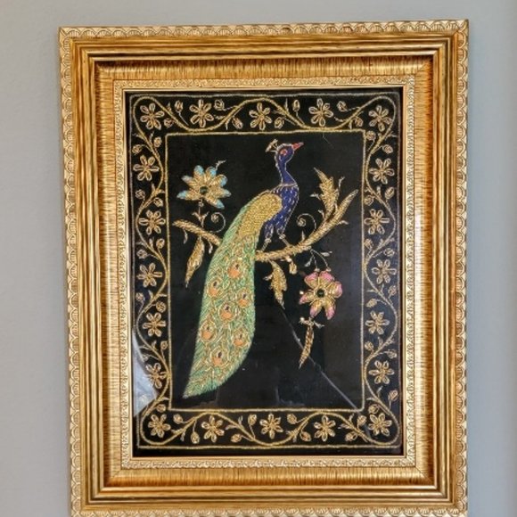 Silk Thread Embroidered Peacock Design Wall Panel Home Decor - Picture 7 of 9